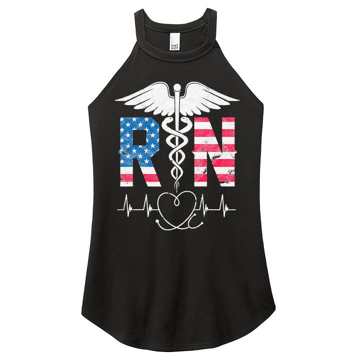 RN Registered Nurse USA Flag Caduceus Stethoscope Patriotic Women's Perfect Tri Rocker Tank