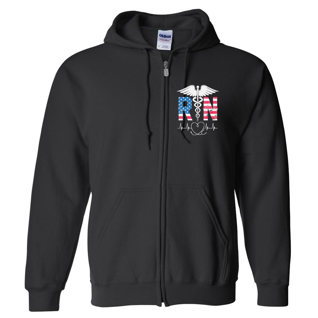 RN Registered Nurse USA Flag Caduceus Stethoscope Patriotic Full Zip Hoodie