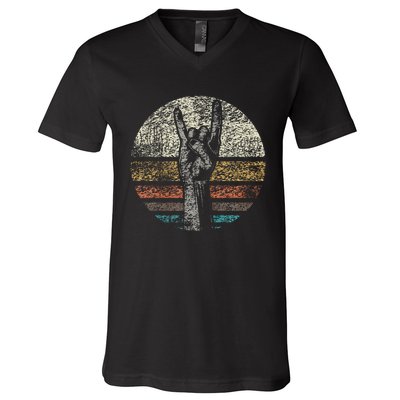 Retro Rock On Hand Horns For Rock And Roll Music Lovers V-Neck T-Shirt