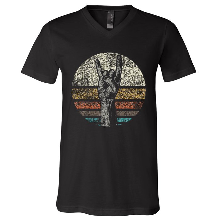 Retro Rock On Hand Horns For Rock And Roll Music Lovers V-Neck T-Shirt