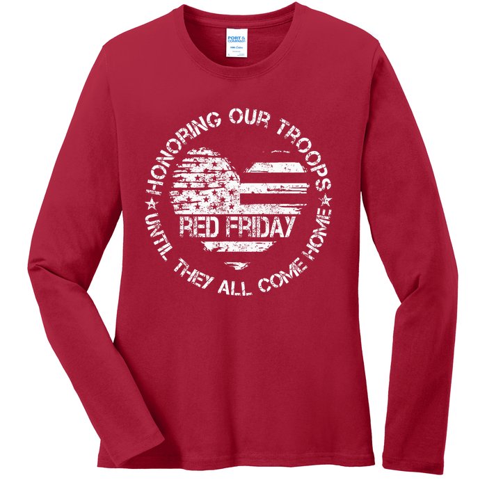 Retro Red On Friday US Military Pride Support Our Troops Ladies Long Sleeve Shirt