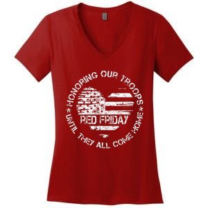 Retro Red On Friday US Military Pride Support Our Troops Women's V-Neck T-Shirt