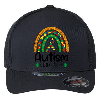 Rainbow Ribbon Puzzle Autism Awareness Month Mother's Day Flexfit Unipanel Trucker Cap