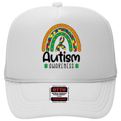 Rainbow Ribbon Puzzle Autism Awareness Month Mother's Day High Crown Mesh Back Trucker Hat