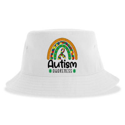 Rainbow Ribbon Puzzle Autism Awareness Month Mother's Day Sustainable Bucket Hat