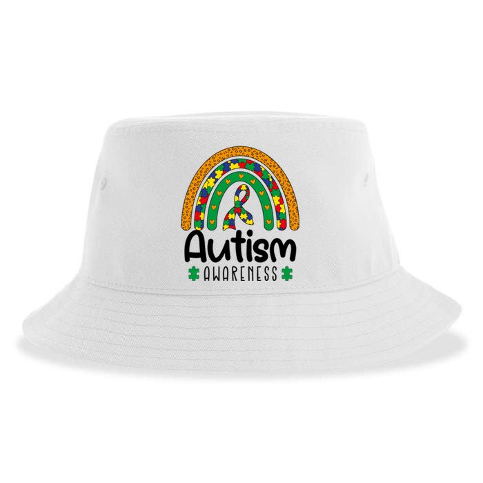 Rainbow Ribbon Puzzle Autism Awareness Month Mother's Day Sustainable Bucket Hat