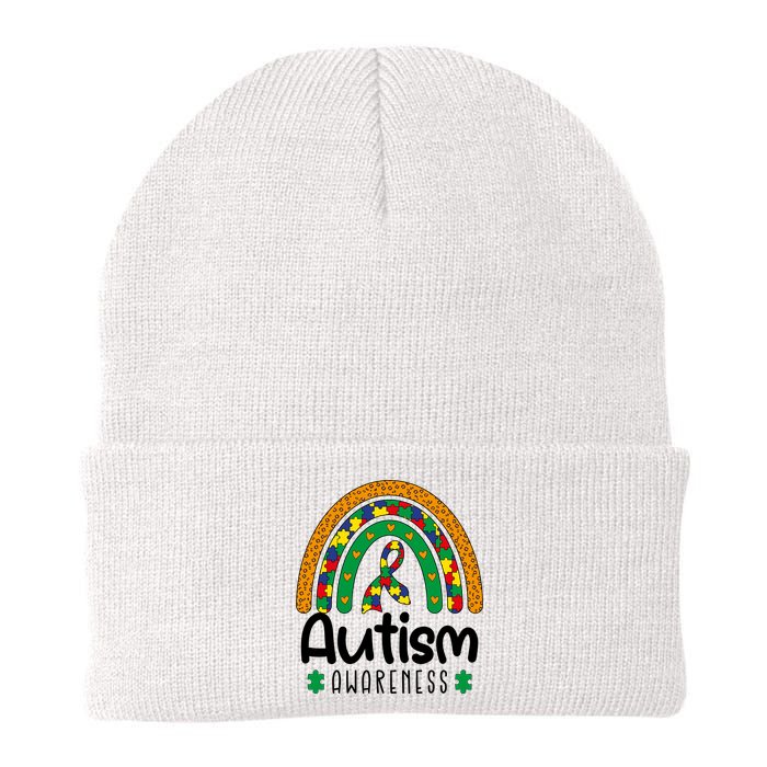 Rainbow Ribbon Puzzle Autism Awareness Month Mother's Day Knit Cap Winter Beanie