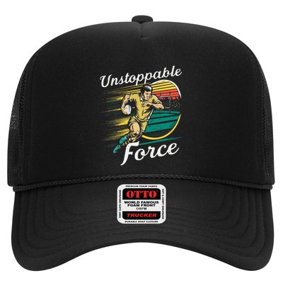 Retro Rugby Player Charging Forward Trucker Hat