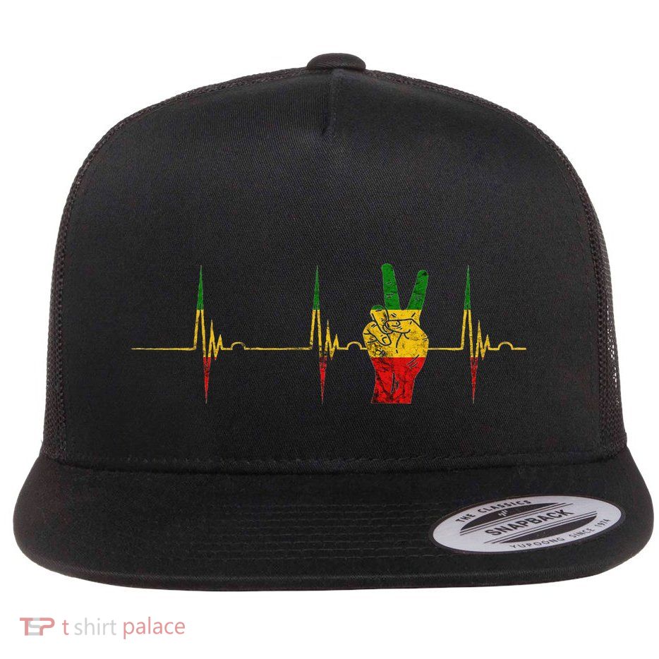 Rasta Reggae Peace Rastafari Roots Heartbeat Ecg Pulse Flat Bill Trucker Hat