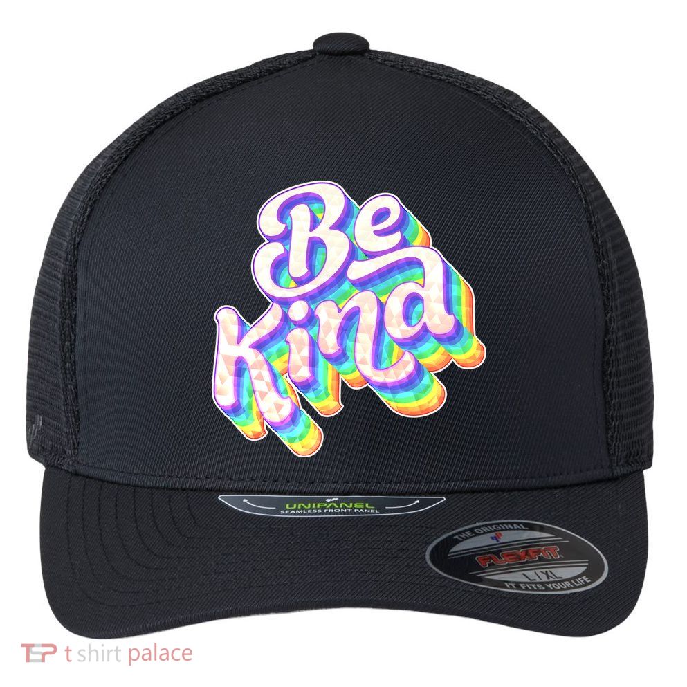 Retro Rainbow Prism Be Kind Flexfit Unipanel Trucker Cap