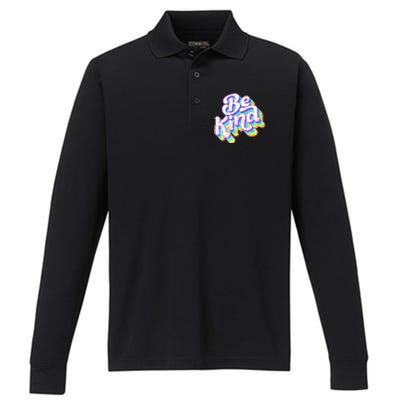 Retro Rainbow Prism Be Kind Performance Long Sleeve Polo