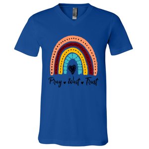 Retro Rainbow Pray Wait Trust Repeat Christian Motivational Gift V-Neck T-Shirt