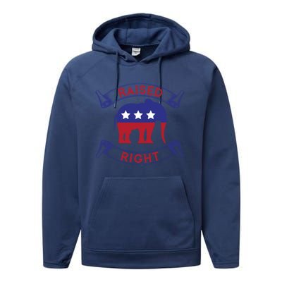 Raised Right Pro Trump Republican Elephant Politics Funny Gift Meaningful Gift Performance Fleece Hoodie