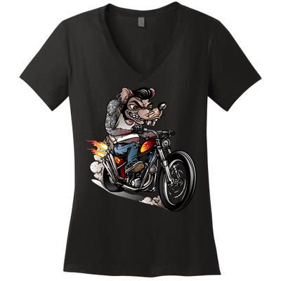 Rockabilly Rats Riding A Bike Women's V-Neck T-Shirt