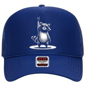 Retro Raccoon Rock Music Gift Women Funny Raccoon High Crown Mesh Back Trucker Hat