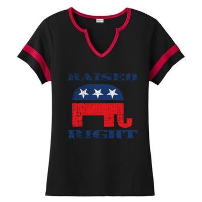 Raised Right Republican Elephant Retro Style Distressed Gift Ladies Halftime Notch Neck Tee