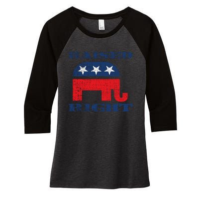 Raised Right Republican Elephant Retro Style Distressed Gift Women's Tri-Blend 3/4-Sleeve Raglan Shirt