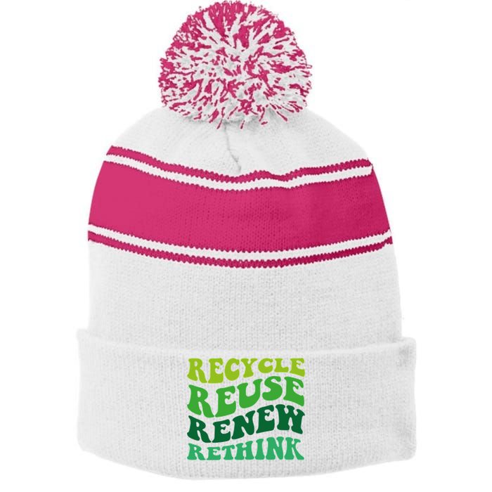 Recycle Reuse Renew Rethink Stripe Pom Pom Beanie