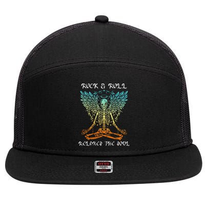 Rock & Roll Relaxes the Soul Meditating Skeleton 7 Panel Mesh Trucker Snapback Hat