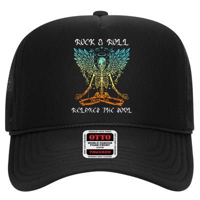 Rock & Roll Relaxes the Soul Meditating Skeleton High Crown Mesh Back Trucker Hat