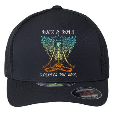 Rock & Roll Relaxes the Soul Meditating Skeleton Flexfit Unipanel Trucker Cap