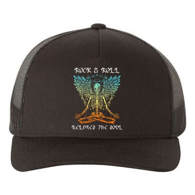 Rock & Roll Relaxes the Soul Meditating Skeleton Yupoong Adult 5-Panel Trucker Hat