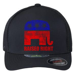 Raised Right Republican Party Elephant Conservative Values Gift Flexfit Unipanel Trucker Cap