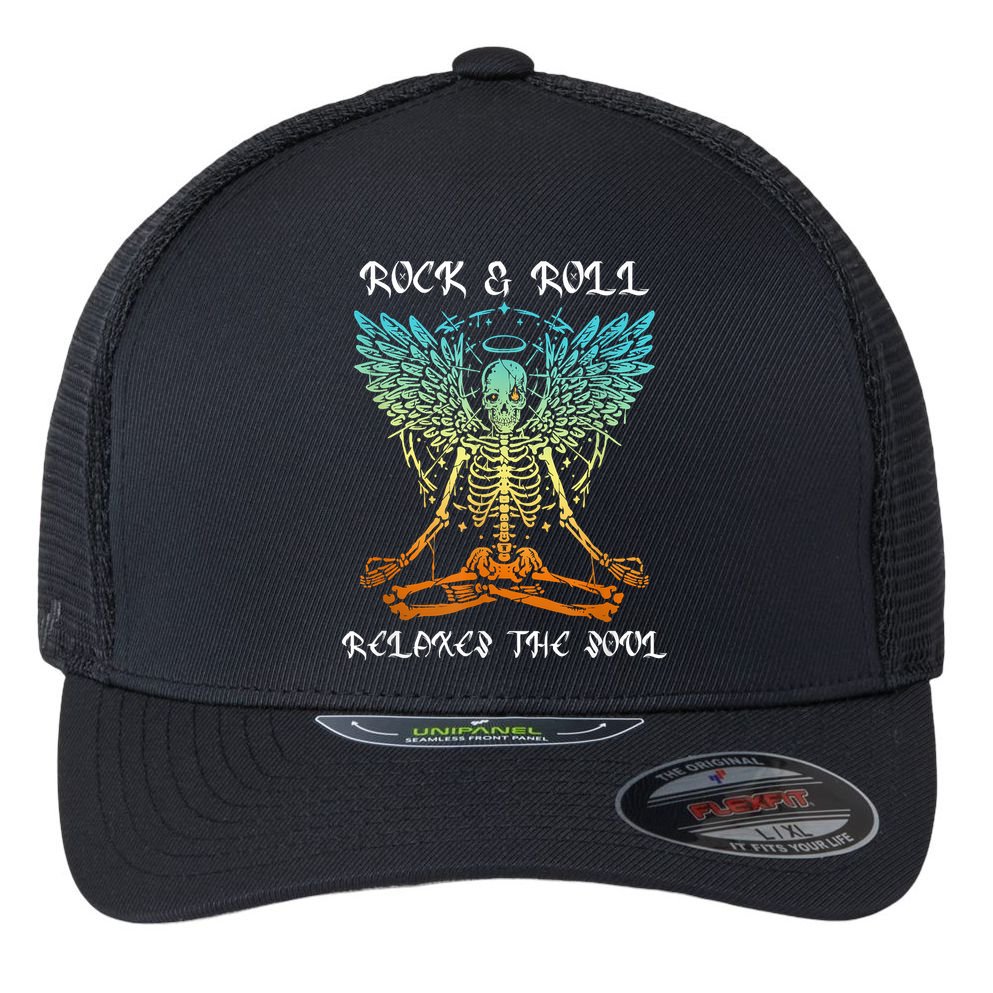 Rock & Roll Relaxes The Soul Meditating Skeleton Flexfit Unipanel Trucker Cap