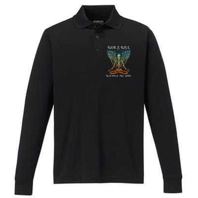 Rock & Roll Relaxes The Soul Meditating Skeleton Performance Long Sleeve Polo