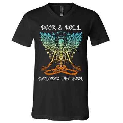 Rock & Roll Relaxes The Soul Meditating Skeleton V-Neck T-Shirt