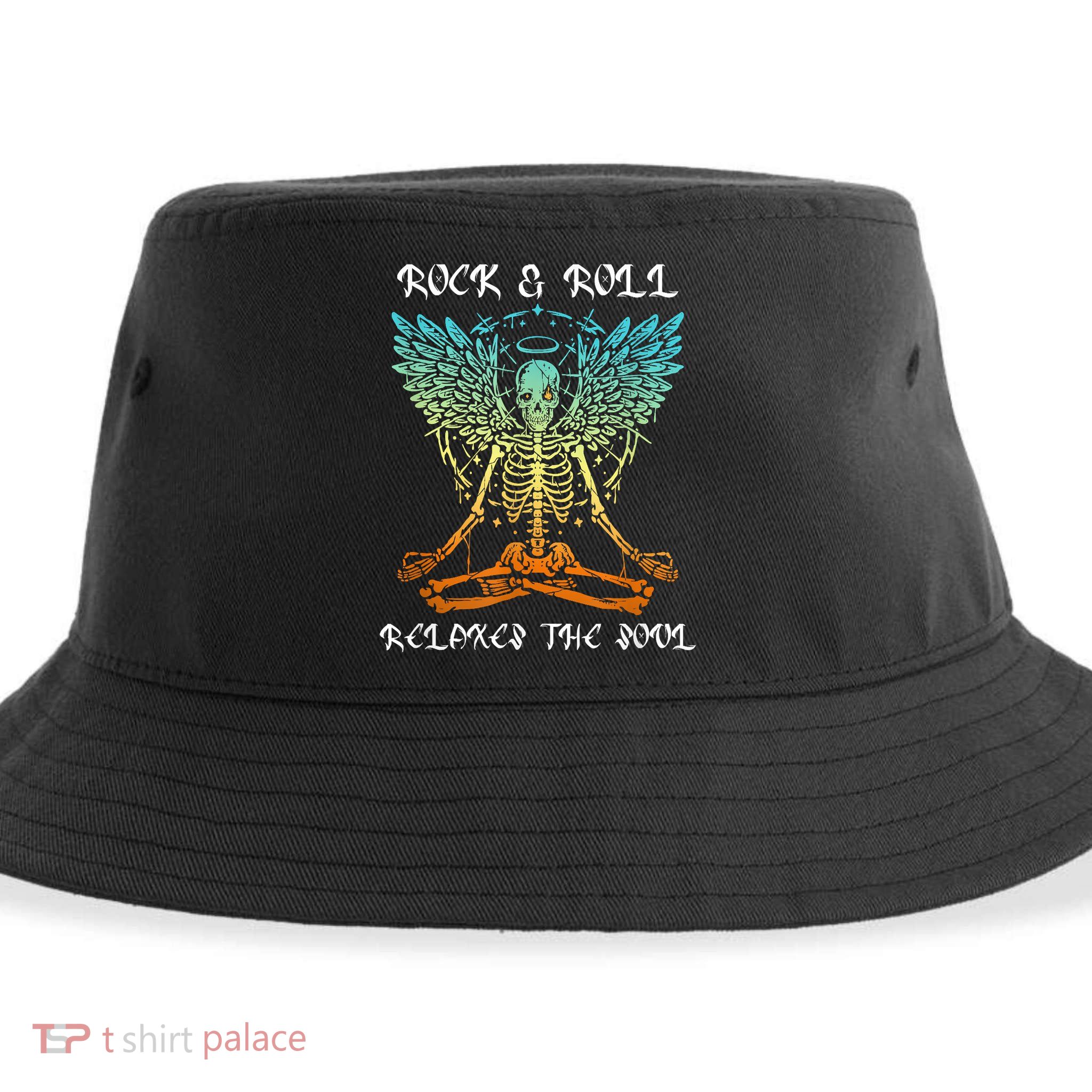 Rock & Roll Relaxes The Soul Meditating Skeleton Sustainable Bucket Hat