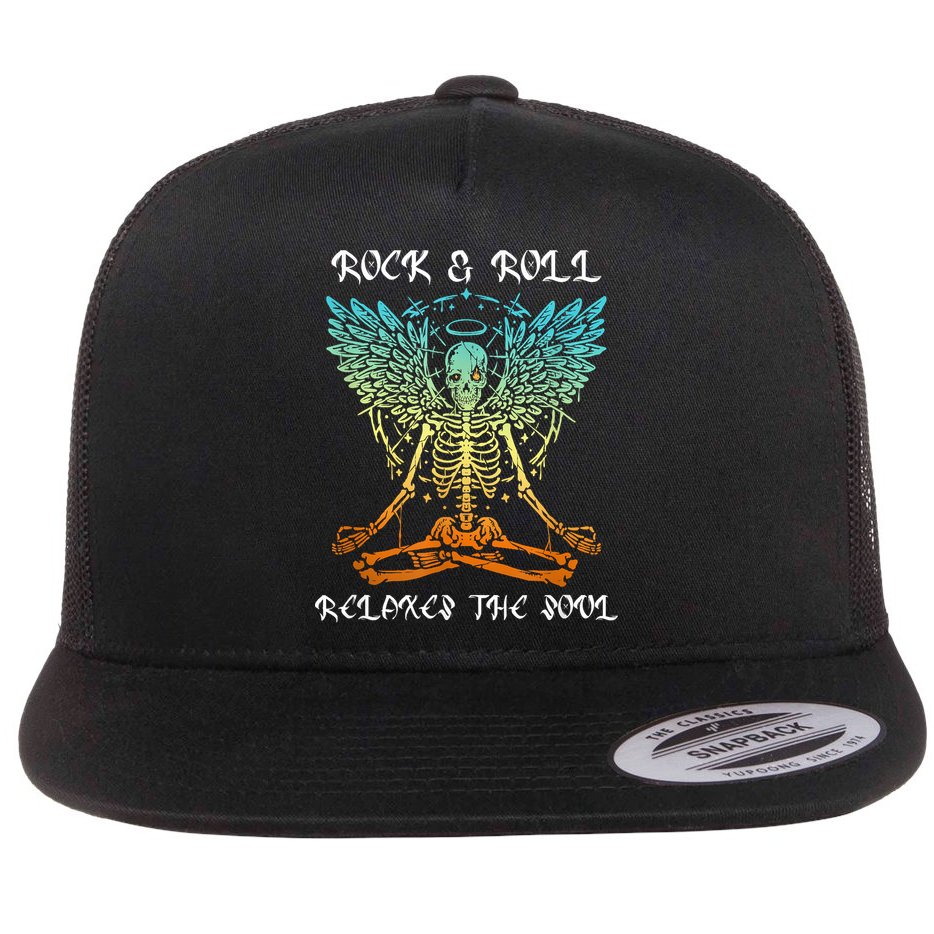 Rock & Roll Relaxes The Soul Meditating Skeleton Flat Bill Trucker Hat
