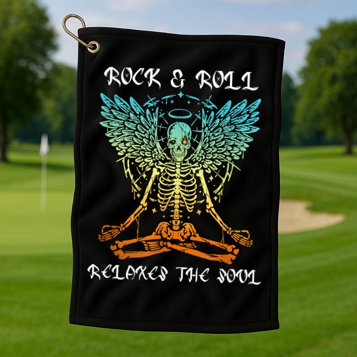 Rock & Roll Relaxes The Soul Meditating Skeleton Golf Towel