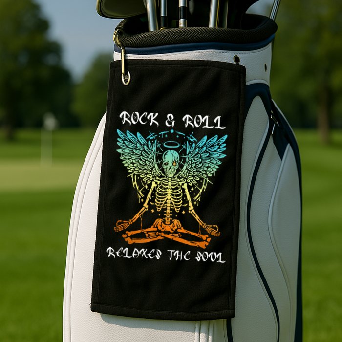 Rock & Roll Relaxes The Soul Meditating Skeleton Golf Towel