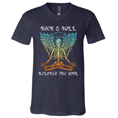 Rock & Roll Relaxes The Soul Meditating Skeleton V-Neck T-Shirt