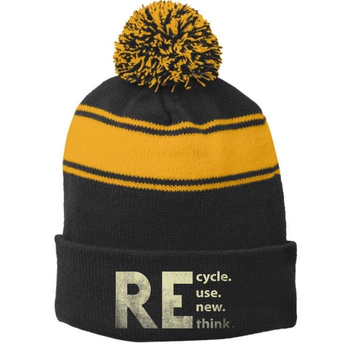 Recycle Reuse Renew Rethink Earth Day Stripe Pom Pom Beanie