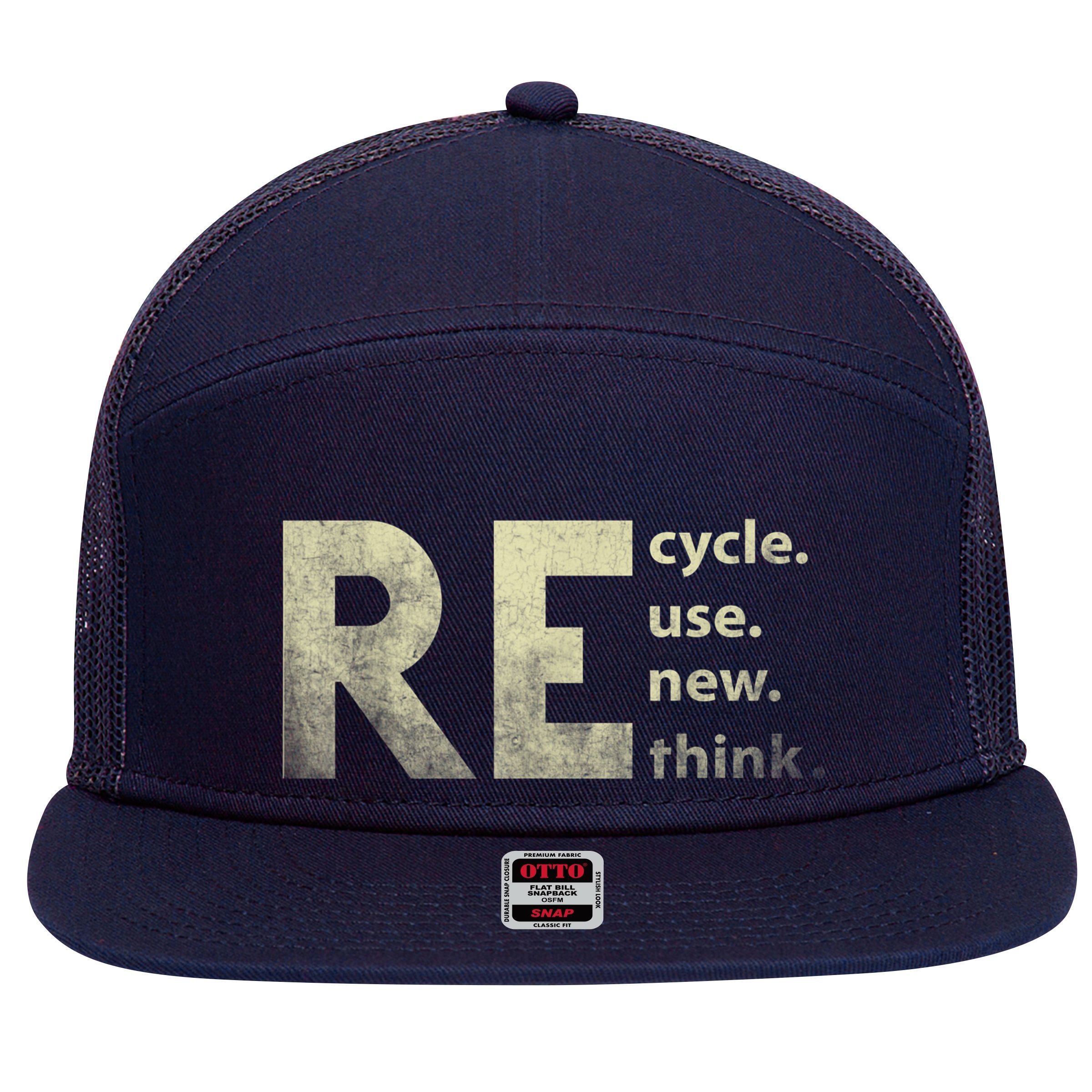 Recycle Reuse Renew Rethink Earth Day 7 Panel Mesh Trucker Snapback Hat