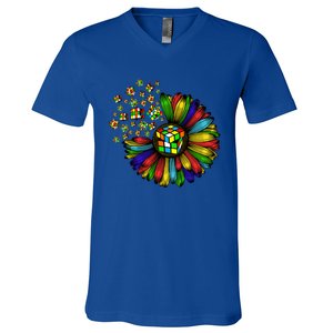 Rubik Rubix Rubics Player Cube Sunflower Color Math Lovers Cool Gift V-Neck T-Shirt