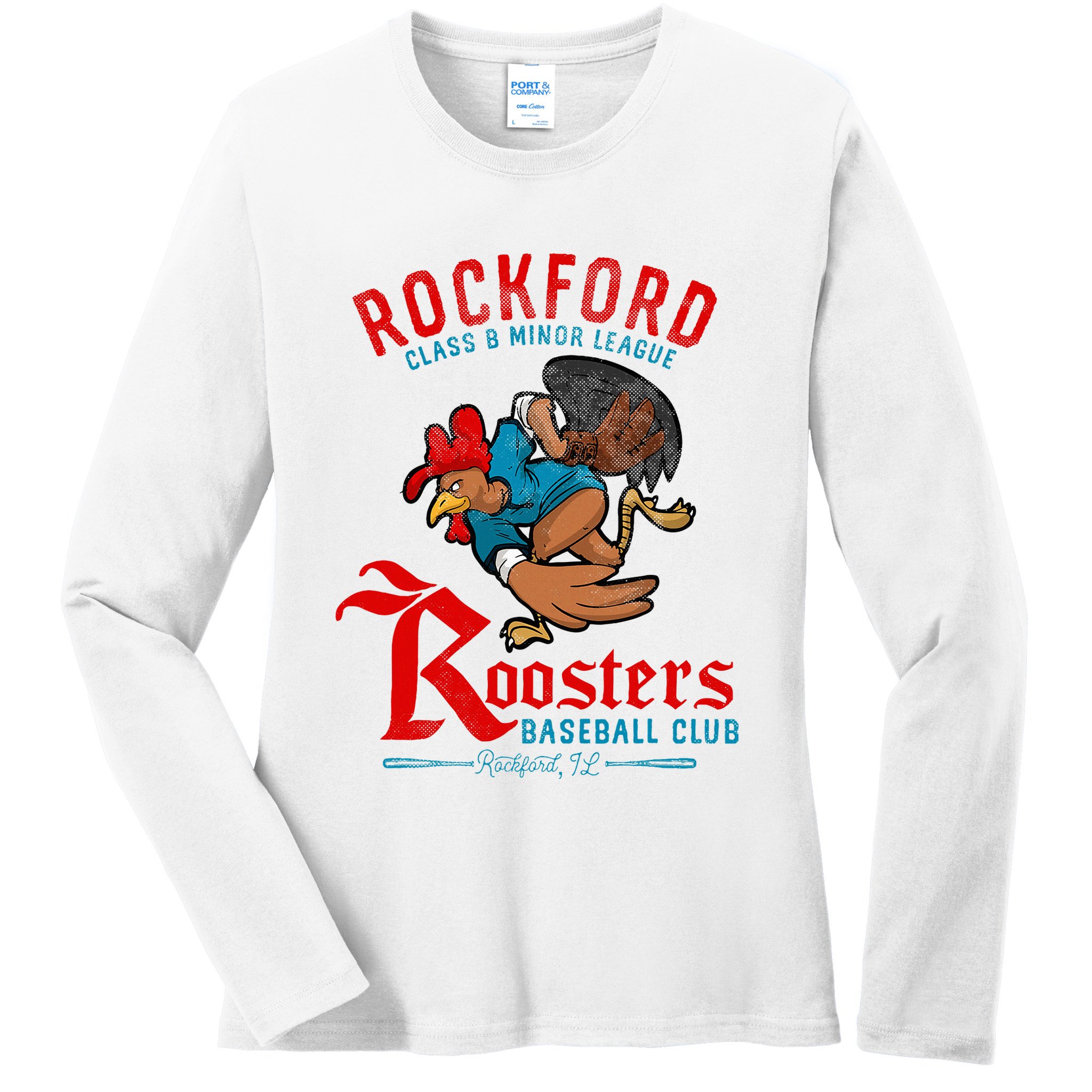 Rockford Roosters Retro Minor League Baseball Ladies Long Sleeve Shirt