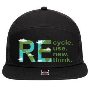 Recycle Reuse Renew Rethink Earth Day 7 Panel Mesh Trucker Snapback Hat