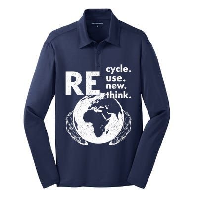 Recycle Reuse Renew Rethink Earth Day Environmental Activism Silk Touch Performance Long Sleeve Polo