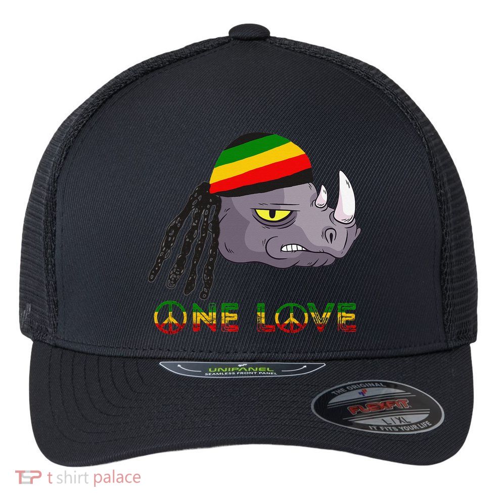 Rasta Rhino Reggae One Love Rastafarian Roots Jamaican Pride Flexfit Unipanel Trucker Cap