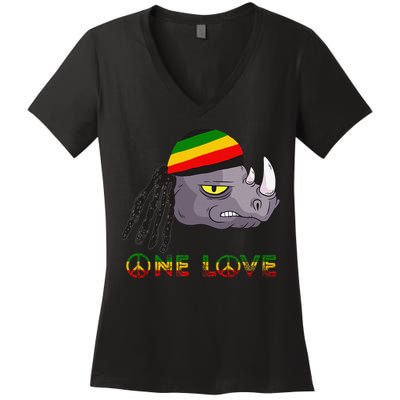 Rasta Rhino Reggae One Love Rastafarian Roots Jamaican Pride Women's V-Neck T-Shirt