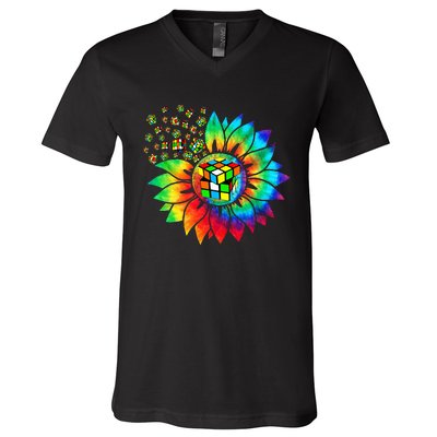 Rubik Rubix Rubics Player Cube Sunflower Color Math Lovers V-Neck T-Shirt