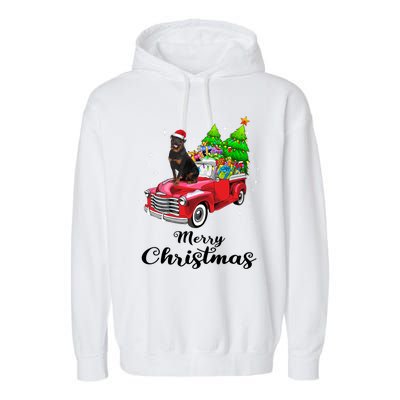 Rottweiler Ride Red Truck Christmas Pajama Gift Garment-Dyed Fleece Hoodie