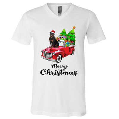 Rottweiler Ride Red Truck Christmas Pajama Gift V-Neck T-Shirt