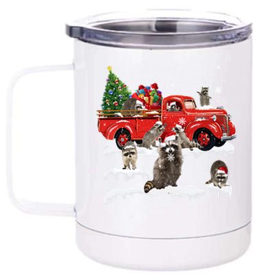 Raccoon Riding Red Truck Merry Christmas Xmas Ugly Gift Funny Gift 12 oz Stainless Steel Tumbler Cup