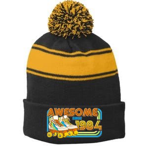 Retro Roller Skates Awesome Since 1984 40th Birthday Stripe Pom Pom Beanie