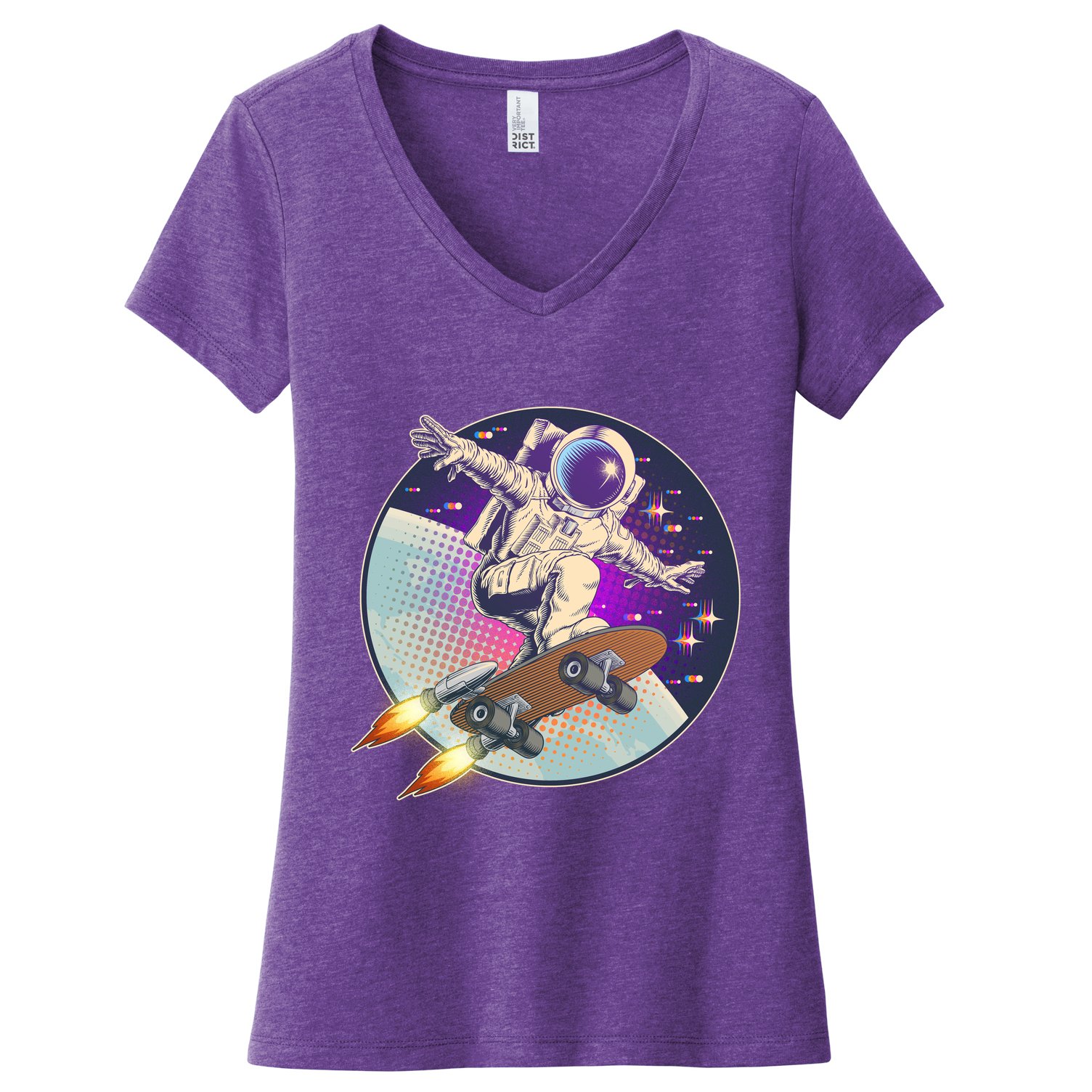Retro Rocket Skateboarding Space Astronaut Women's V-Neck T-Shirt
