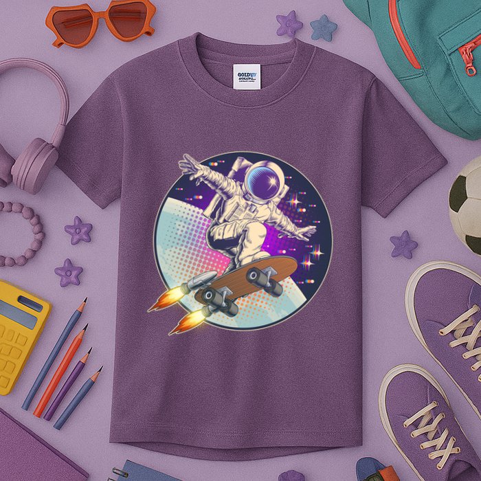 Retro Rocket Skateboarding Space Astronaut Kids T-Shirt
